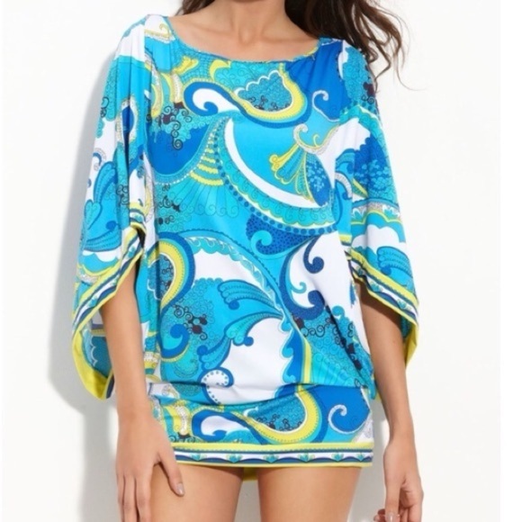 TRINA TURK French Riviera Blue Yellow Waves Paisley Swim Coverup Tunic Dress Sm - Picture 1 of 7